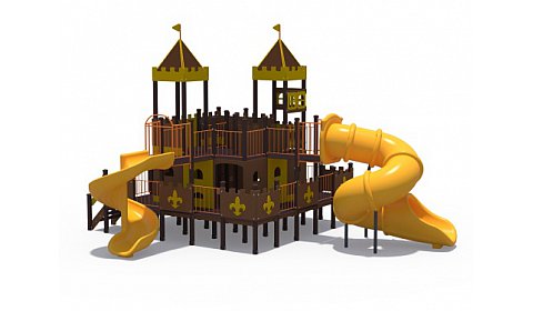 ДИО 13051.2 Детский игровой комплекс Дворец чудес Н-2000 и Н-750 (закрытая пластиковая труба и винтовой скат, в стиле средневековья)