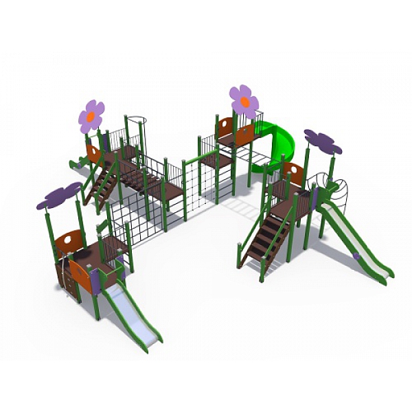 ДИО 04114 Игровой комплекс Цветочный город с металлическими скатами Н-900,1200 и винтовым скатом Н-2000